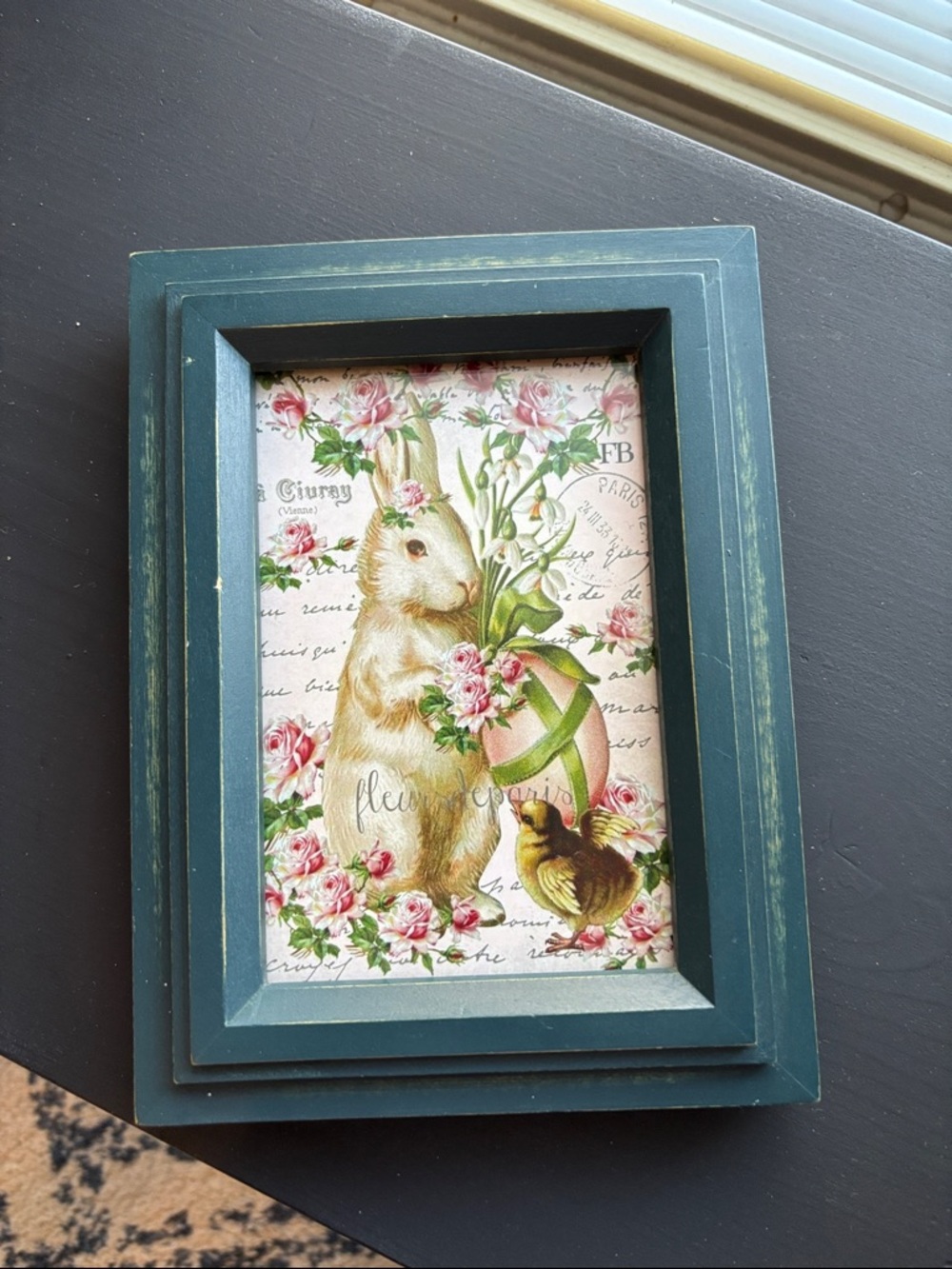 Vintage-Style Bunny & Chick Framed Art - Dark Blue Frame